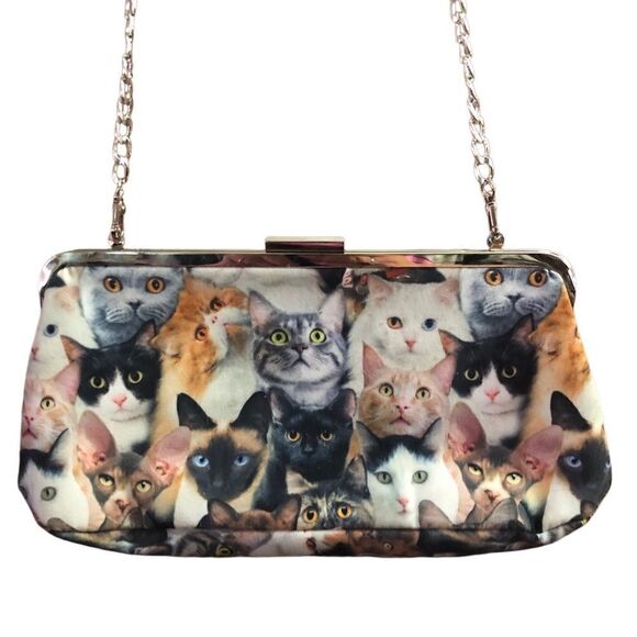 Cat Lady Box Cat Graphic Purse Magnetic Snap Closure Detachable Silver Chain - Picture 2 of 4